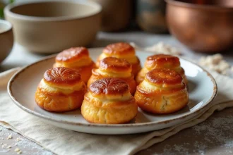Canelés dorés à la croûte caramélisée disposés sur une assiette en céramique blanche, illustrant une recette allégée en sucre