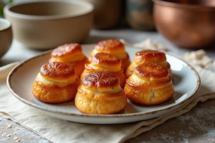 Canelés dorés à la croûte caramélisée disposés sur une assiette en céramique blanche, illustrant une recette allégée en sucre