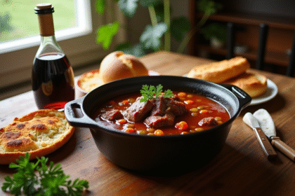 Carbonade de boeuf traditionnelle dans une cocotte en fonte sur une table en bois