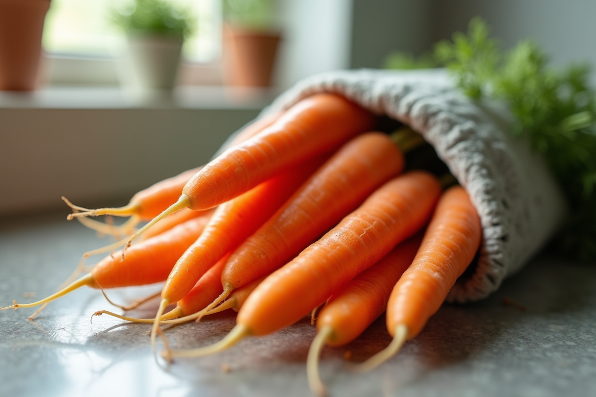 Carottes propres et vibrantes sur un plan de travail de cuisine avec linge humide