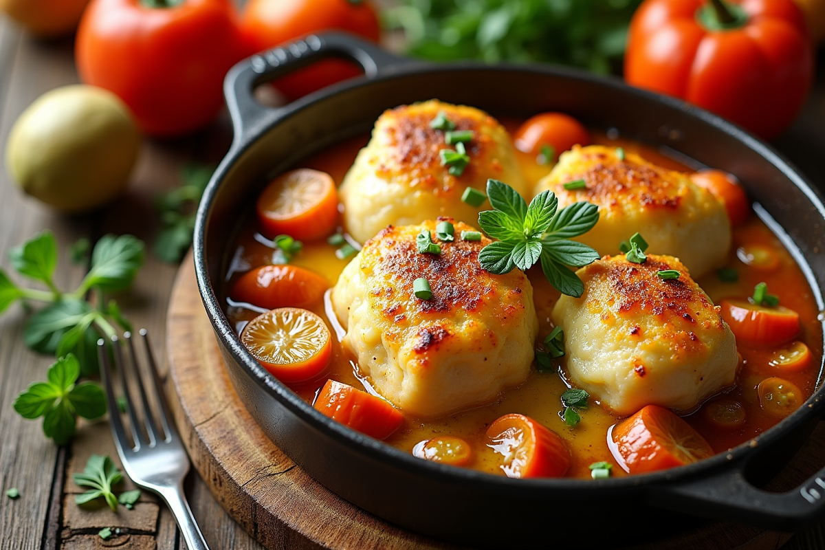 Casserole de boudin blanc avec légumes rôtis et herbes fraîches