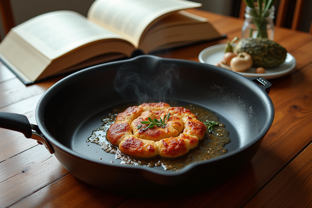 Poêles et casseroles sur une table en bois avec un livre de cuisine