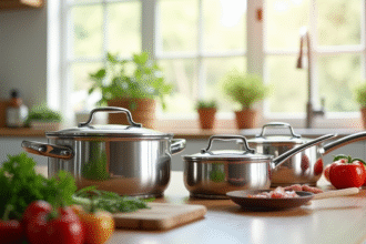 Variété de casseroles en acier inoxydable dans une cuisine lumineuse