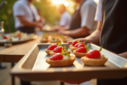 Cuisinier professionnel arrangeant canapes gourmets lors d'un événement