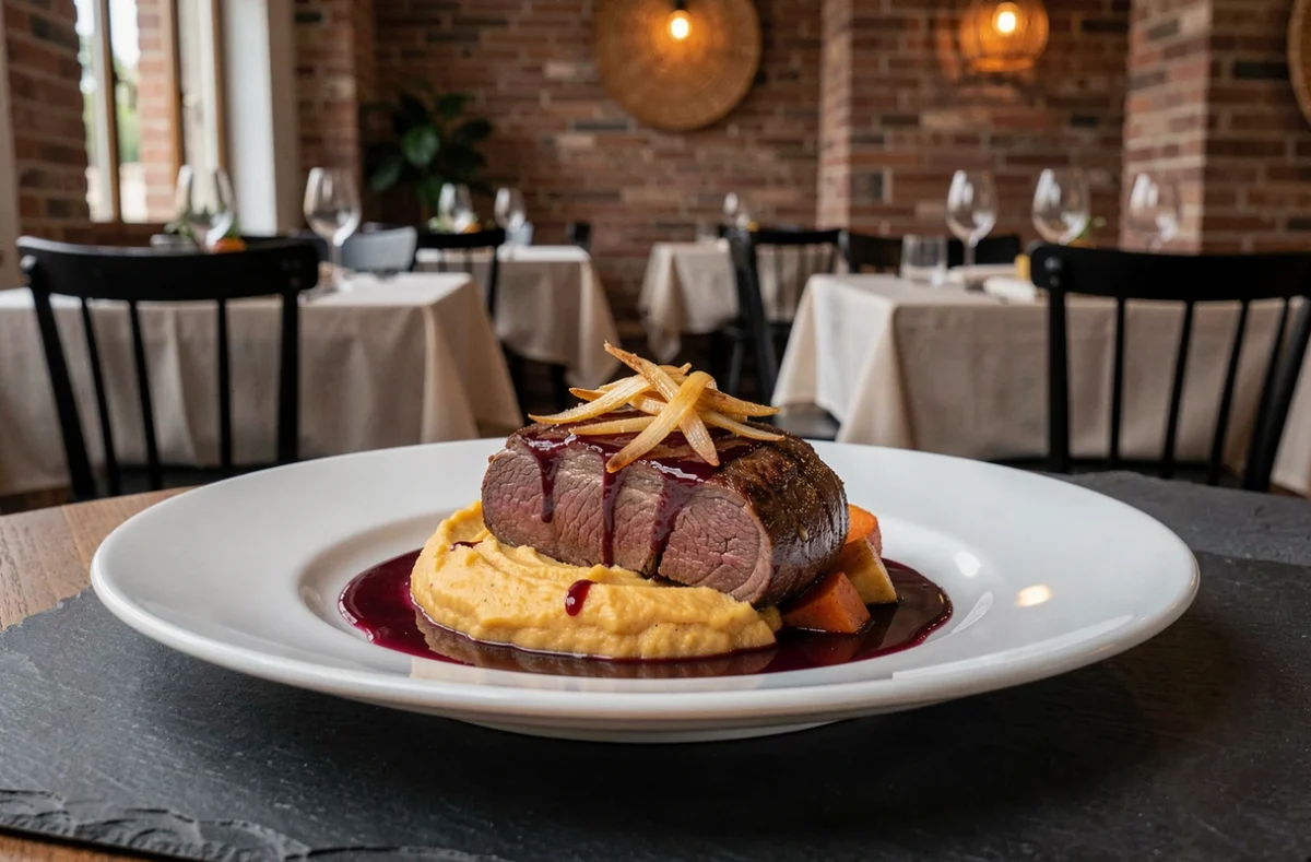 Joue de bœuf du Cantal braisée servie au Chamarlenc à Aurillac, dressée sur assiette contemporaine avec purée de légumes racines et jus au vin rouge