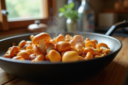 Champignons de chanterelle sautés dans une poêle rustique sur un plan de travail en bois