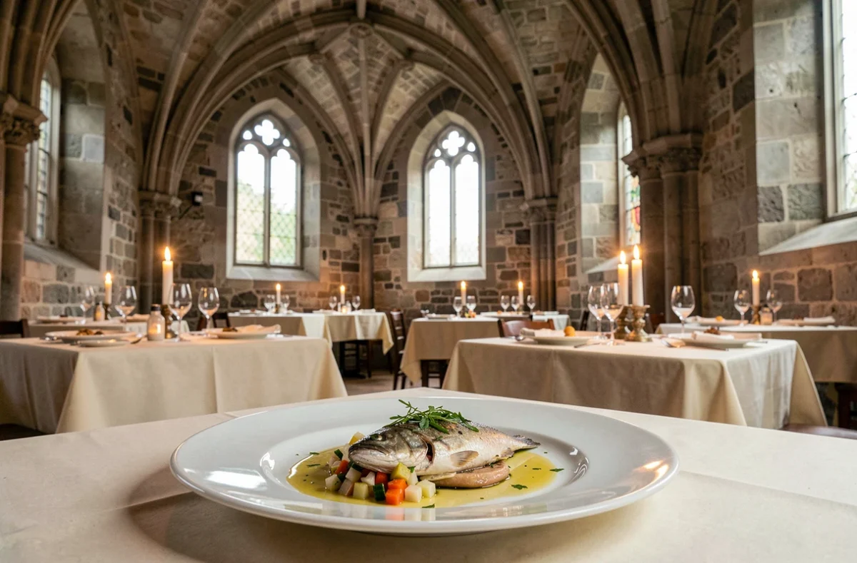 Salle de restaurant dans la chapelle gothique du Château Saint-Jean à Montluçon, voûtes en pierre et table dressée avec plat de poisson gastronomique