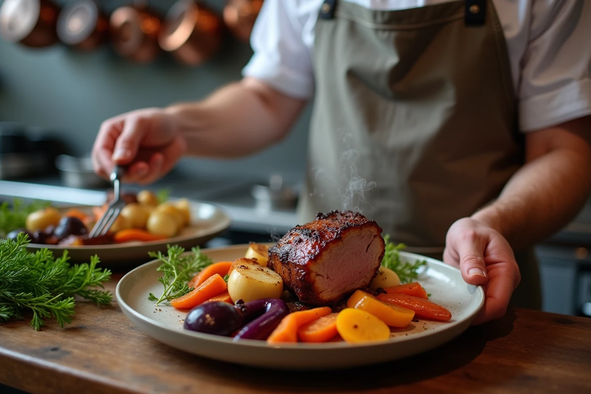 Chef restaurant plaquant un confit de canard avec des légumes anciens rôtis comme panais et carottes violettes dans une cuisine professionnelle