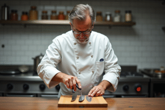Chef professionnel compare trois couteaux de cuisine