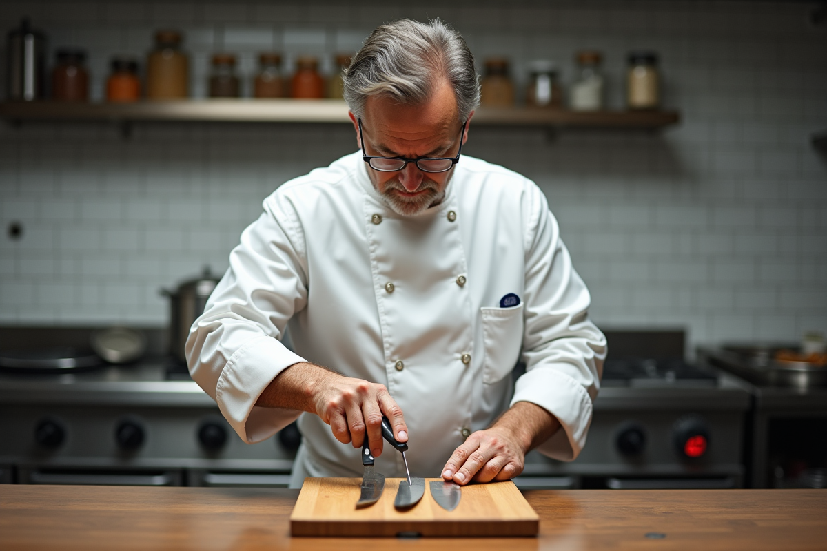 Chef professionnel compare trois couteaux de cuisine