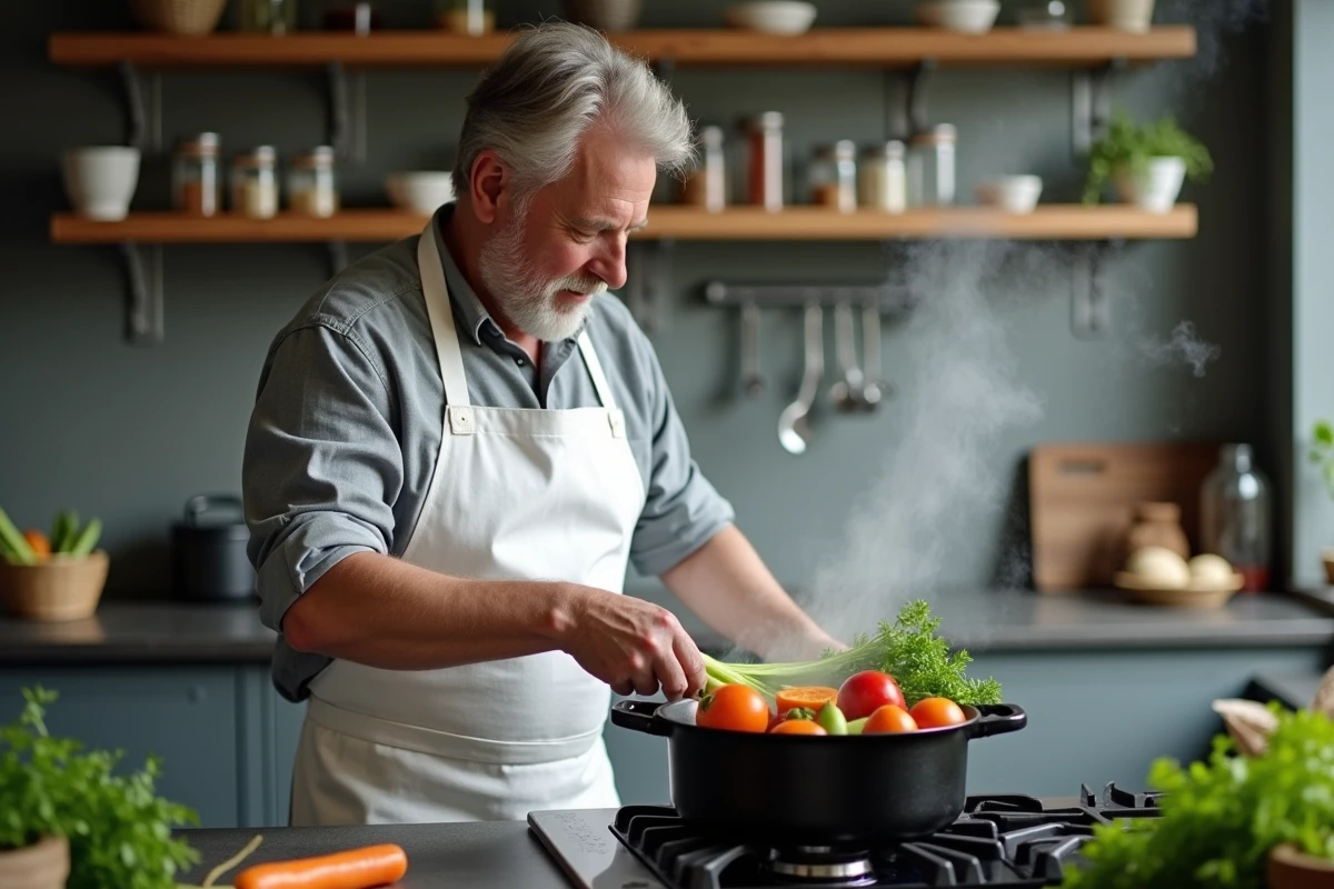 Chef cuisinant une potée revisitée avec des légumes frais de saison dans une cocotte en fonte sur une cuisinière de cuisine moderne rustique