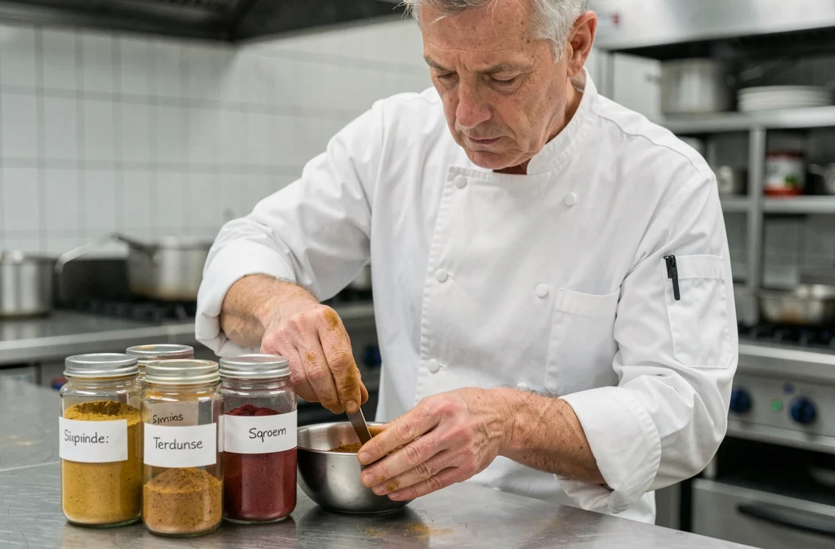 Chef cuisinier professionnel dosant des épices dans des bocaux en verre dans une cuisine de restaurant