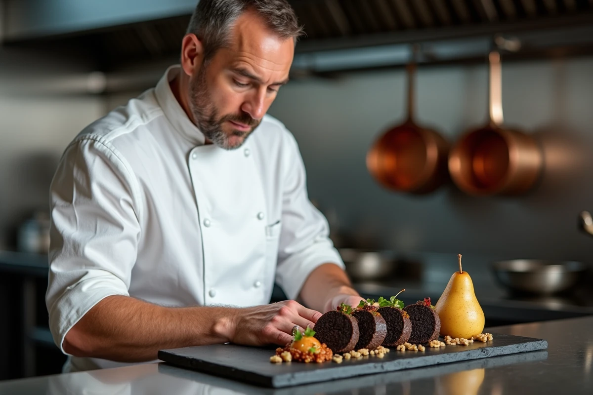 Chef en tablier blanc dressant un boudin noir avec poires rôties et noisettes dans une cuisine professionnelle