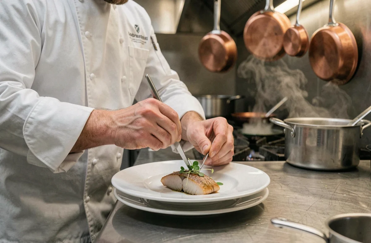 Chef étoilé dressant un plat de queue de lotte dans une cuisine gastronomique professionnelle