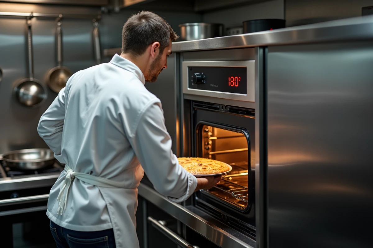 Chef professionnel enfournant un plat avec un four réglé à 180 degrés Celsius