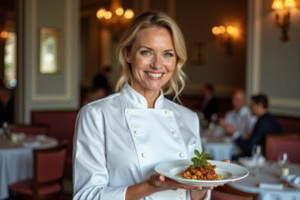 Chef femme en cuisine parisienne élégante avec plat gourmet
