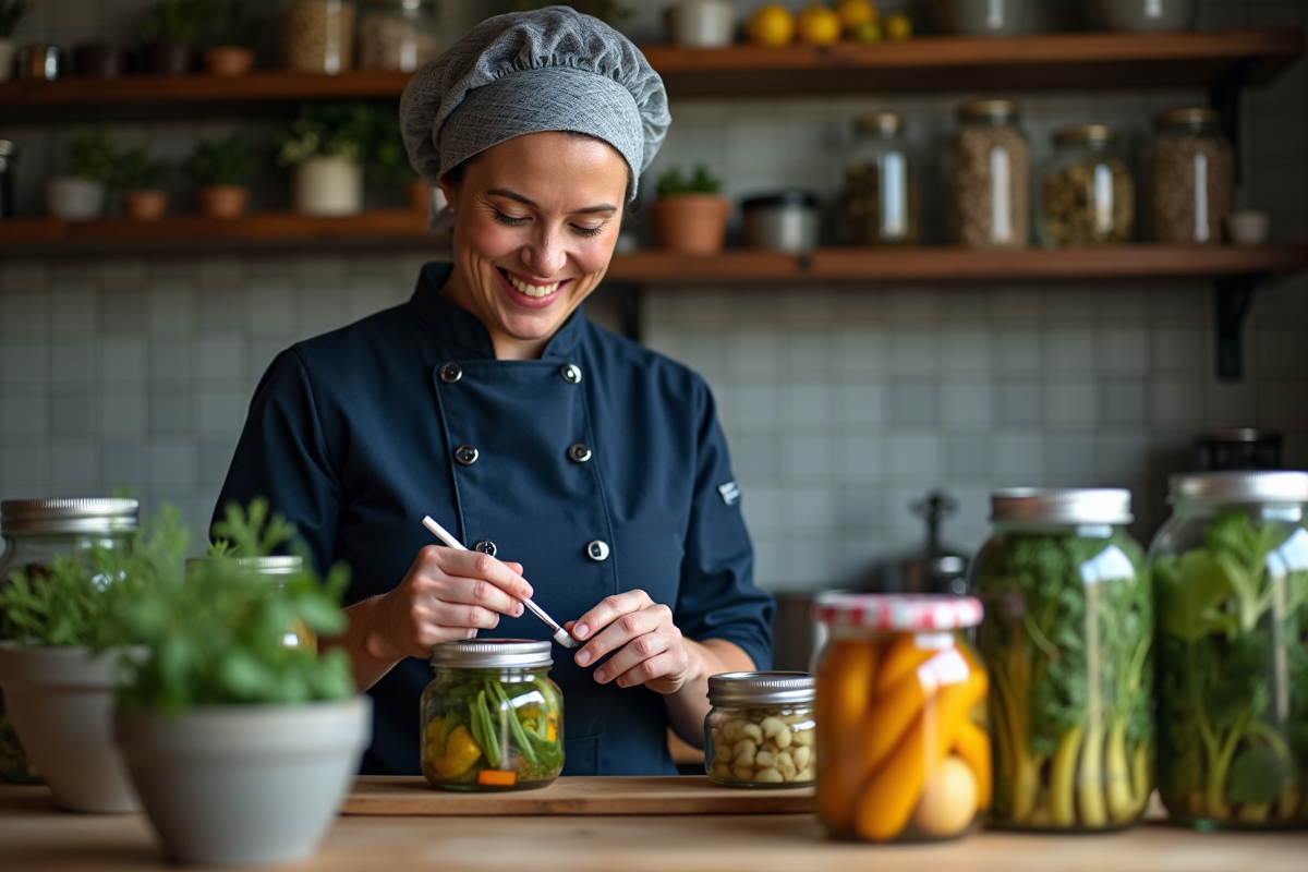 Chef féminin étiquetant des bocaux d