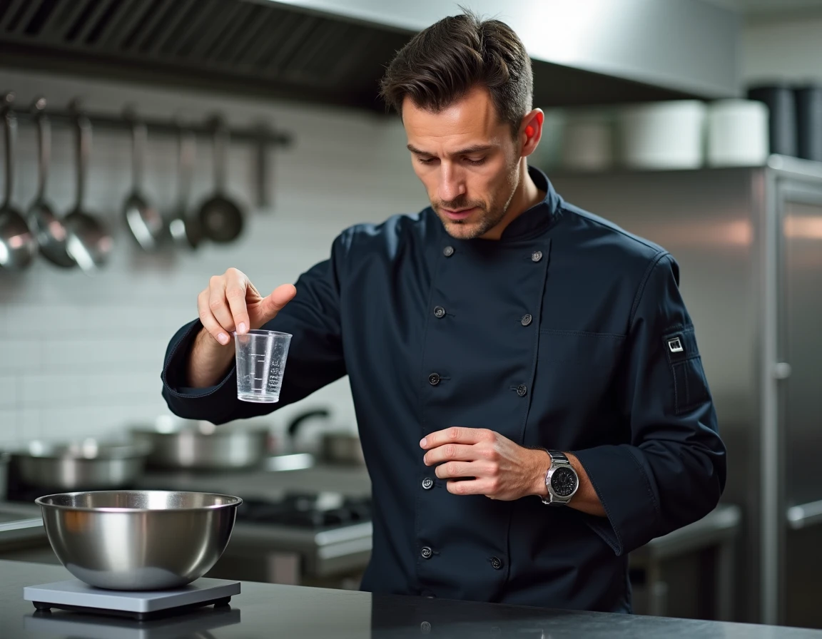 Chef cuisinier tenant un verre doseur de 20cl à hauteur des yeux pour lire les graduations dans une cuisine professionnelle en inox