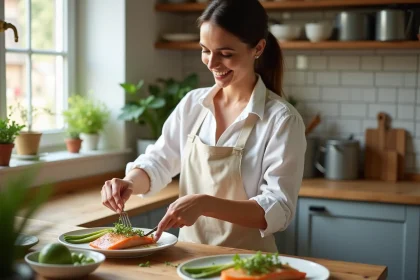 Femme en cuisine préparant un filet julienne sur lit de poireaux