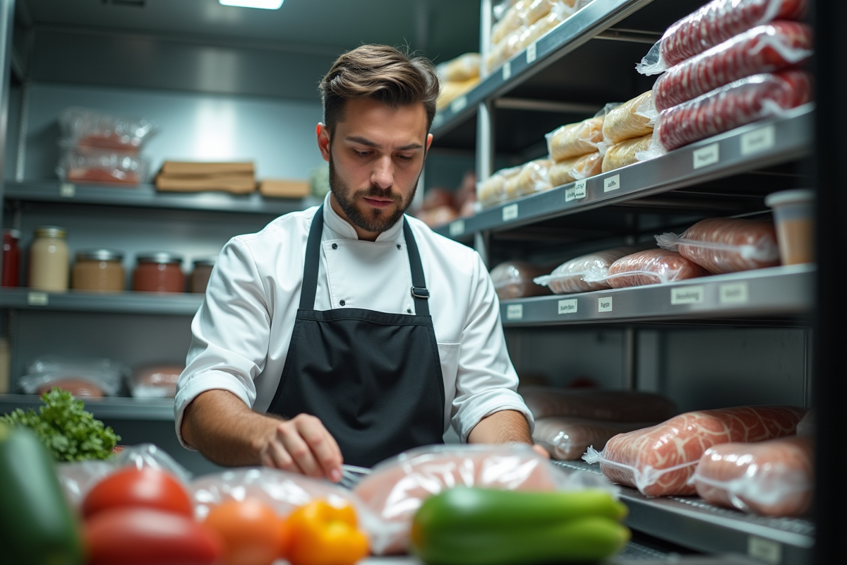 Chef en cuisine professionnelle organise des sacs de légumes