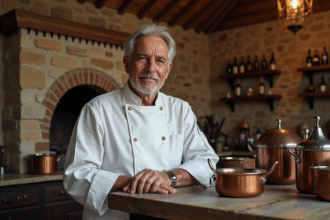 Chef âgé avec uniforme blanc devant four ancien dans restaurant
