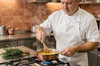 Chef professionnel préparant une sauce à l'échalote réduite dans une casserole en cuivre sur un feu de gaz