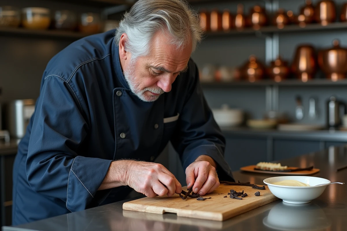 Chef âgé coupant une gousse de vanille dans une cuisine professionnelle