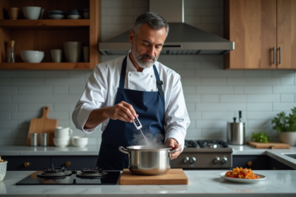 Chef professionnel vérifiant la température avec un thermomètre