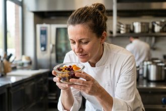 Cheffe cuisinière examinant des fruits secs pour composer une nouvelle carte de restaurant