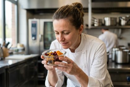 Cheffe cuisinière examinant des fruits secs pour composer une nouvelle carte de restaurant