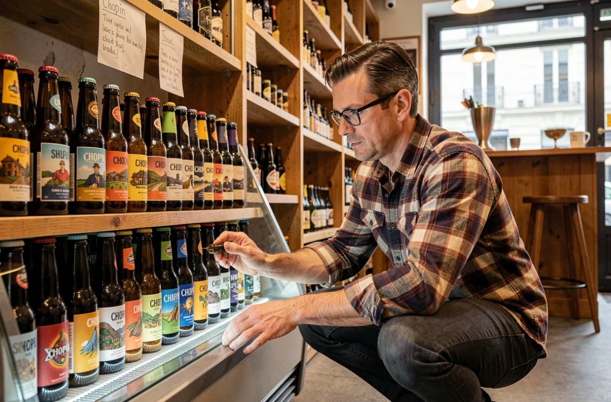 Gérant de Chop'in, cave à bières artisanales du 14e arrondissement de Paris, arrangeant soigneusement des bouteilles de bières artisanales aux étiquettes illustrées colorées dans son magasin de quartier aux étagères en bois jusqu'au plafond.
