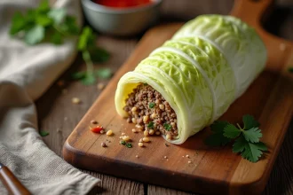 Chou farci maison posé sur une planche en bois rustique avec sauce tomate et persil frais