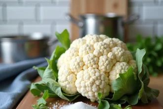 Chou-fleur entier frais posé sur une planche en bois avec du sel de mer et des feuilles vertes dans une cuisine maison