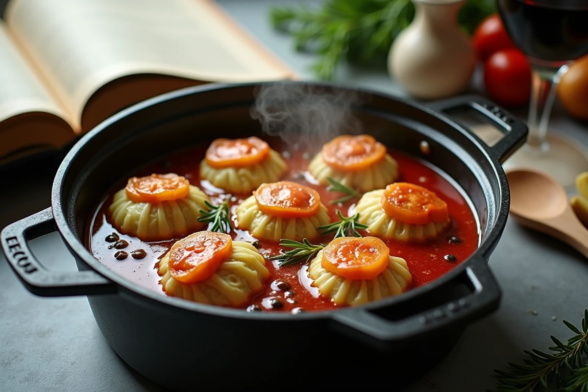 Pot de choux farcis mijotant dans une sauce tomate aux herbes aromatiques sur un plan de travail en béton