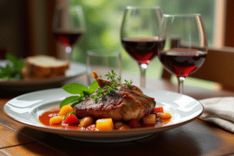 Plat de civet de lapin avec vin rouge chaleureux