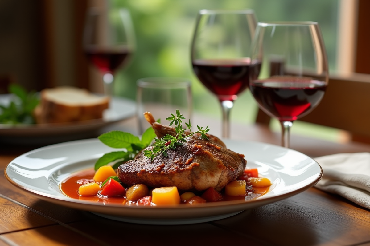 Plat de civet de lapin avec vin rouge chaleureux