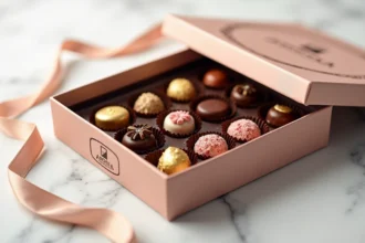Coffret cadeau de chocolats de style Dubaï ouvert sur un plan en marbre blanc, révélant des pralines dorées et des truffes aux dattes disposées en rangées élégantes