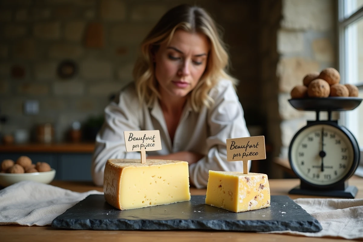 Comparaison d'une portion de Beaufort à la pièce et au poids sur une balance de cuisine rustique avec étiquettes de prix