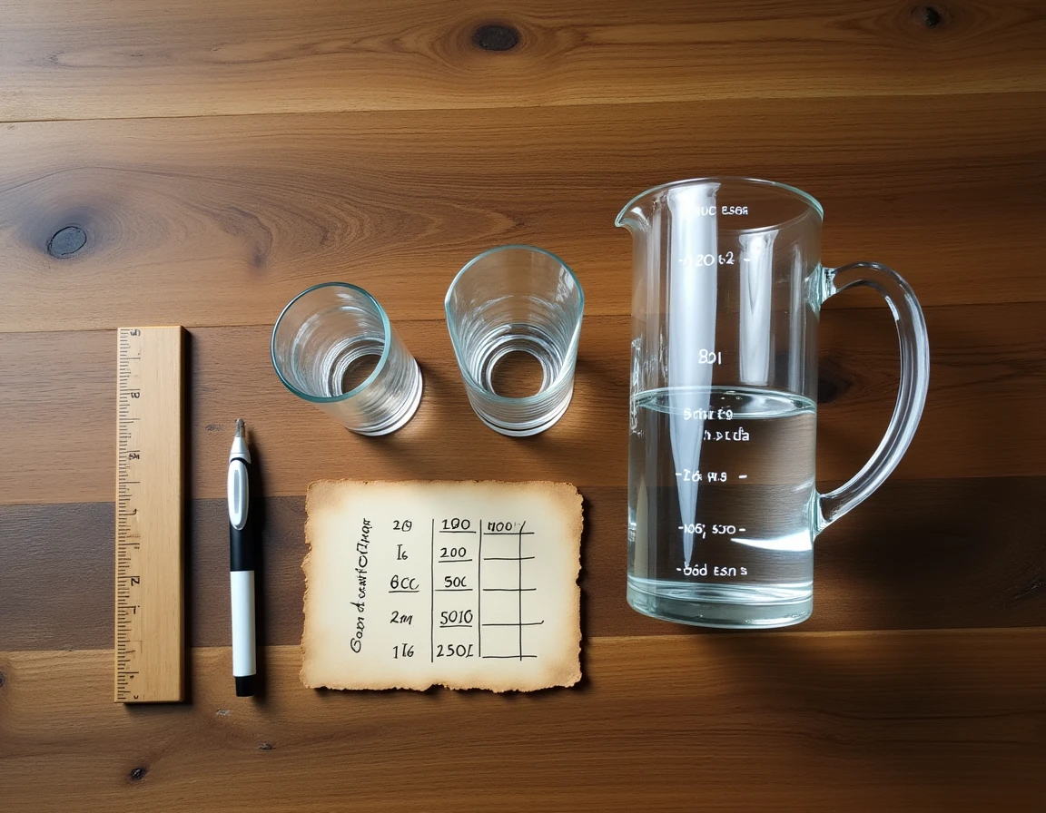 Vue de dessus d'une série de récipients doseurs de 20cl à 1 litre alignés sur une table en bois rustique avec une fiche de conversion manuscrite