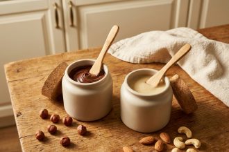 Comparaison entre pot de pâte à tartiner au chocolat et crème de fruits secs sur une table en bois rustique avec des noix éparpillées
