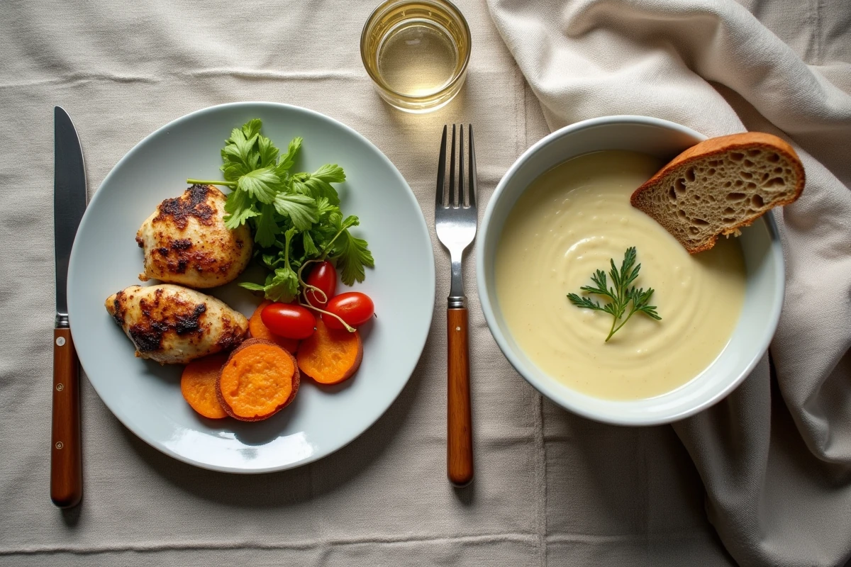 Vue de dessus comparant un repas équilibré et une soupe simple pour le dîner sur une nappe en lin