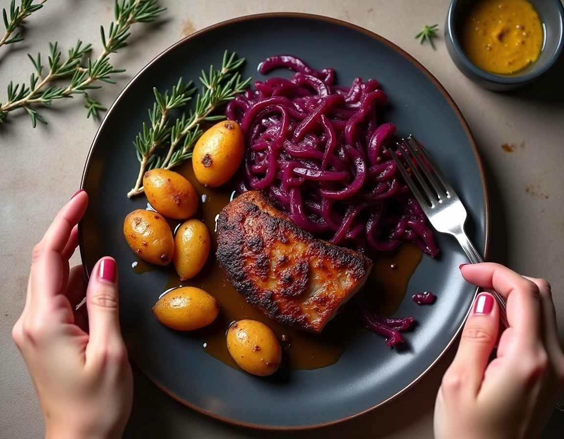 Vue de dessus d'une assiette de confit de canard au chou rouge braisé et pommes de terre rôties sur une table en chêne