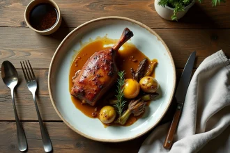Confit de canard accompagné de légumes oubliés rôtis comme le salsifis et le topinambour sur une assiette en céramique rustique