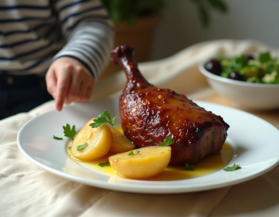 Enfant tendant la main vers un confit de canard croustillant avec pommes sarladaises dans une assiette blanche