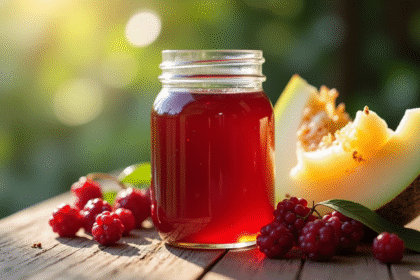 Pot de confiture maison avec fruits mûrs et melon