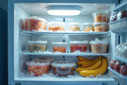 Congelateur ouvert avec contenants bien rangés et étiquetés