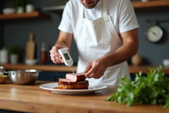 Homme en tablier blanc vérifiant la cuisson du filet mignon