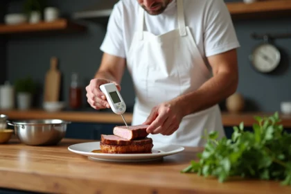 Homme en tablier blanc vérifiant la cuisson du filet mignon