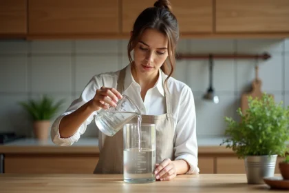 Femme versant 25 cl d'eau dans une carafe d'un litre dans une cuisine moderne en bois