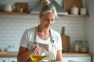 Femme versant de l'huile d'olive dans une balance de cuisine pour convertir 1 litre en kilogrammes